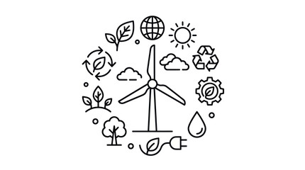 Circular ecology concept with wind turbine and sustainable symbols. © ULFAITA