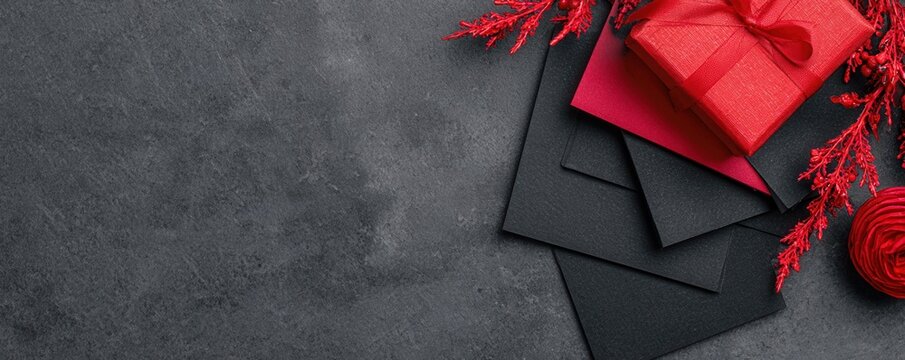 Red gift box with black envelopes on dark stone background. Holiday greeting card, festive celebration flat lay.