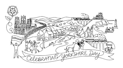 Obraz premium Celebrating Yorkshire Day: Line Art Panorama of Landmarks, People, and Scenery