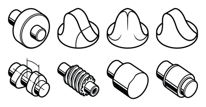A detailed collection of bold outlined mechanical parts and engineering elements.
