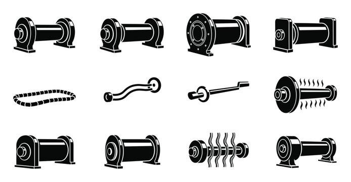 A set of industrial rollers, whisks, and mechanical parts vector icons.
