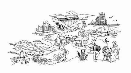 Obraz premium Rural Village Panorama: Train, Castle, Shepherd, Musician, Spinning Wheel