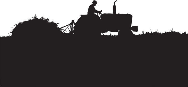Silhouette of a farmer driving a tractor with hay baler