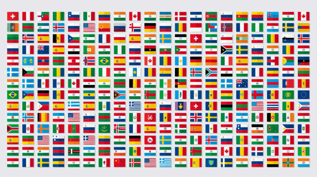 Global Tapestry of Nations: An intricate mosaic of national flags from around the world, presented in a grid, symbolizing unity and international connection.