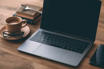 Fototapeta premium Laptop and computer on a wooden desk with coffee books and glasses in a workspace