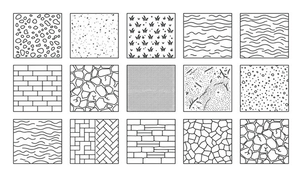 Architectural CAD hatch texture patterns of stones, bricks, grass, water.