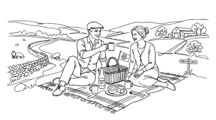 Obraz premium Couple Enjoying Picnic in Scenic Countryside Landscape - Vintage Line Art