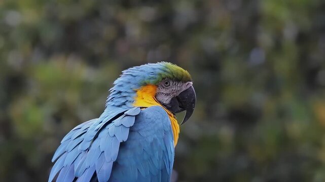 Close-up of a vibrant blue and yellow macaw parrot in lush green foliage