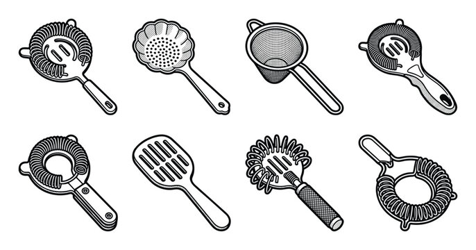 Assorted coil cocktail strainers and bar tools line art icons collection.