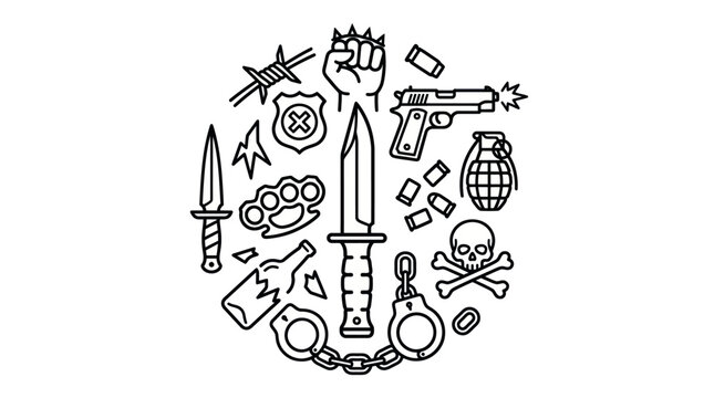 Crime and weapon icons circular composition.