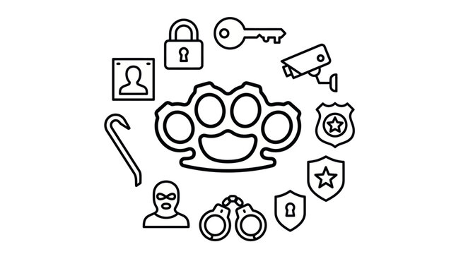 Crime and security icon collection with brass knuckles.