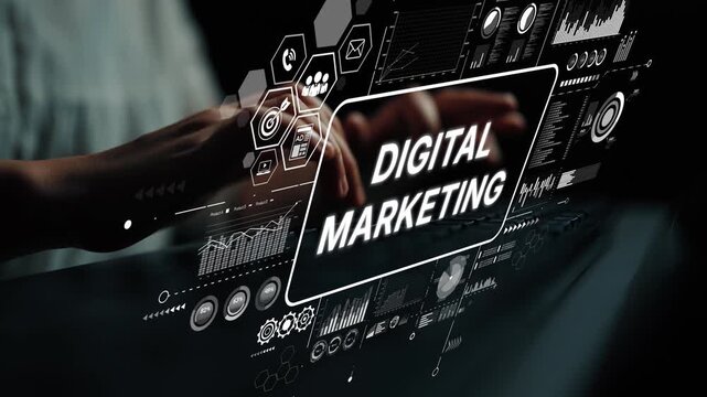 Hands on Keyboard in Front of Digital Marketing Dashboard with Data Analytics and Graphs for Strategy Development. Asymptotic smart data analytic.