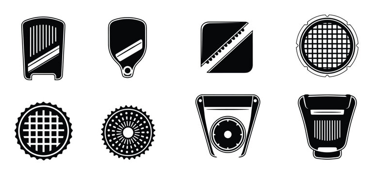 Black and white icons of kitchen graters, slicers, peelers, and cutters.