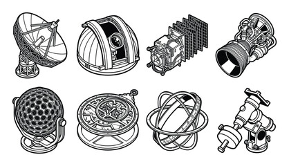 Black and white isometric line art of astronomy and space exploration equipment.