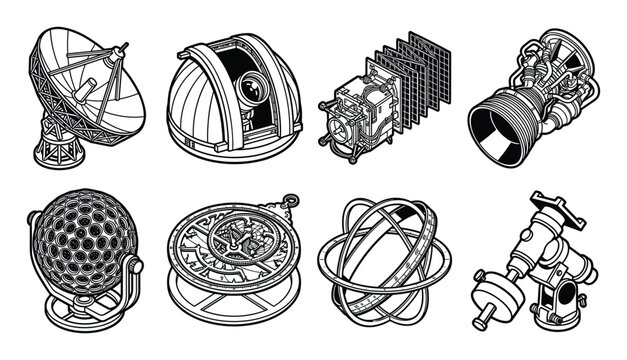 Black and white isometric line art of astronomy and space exploration equipment.
