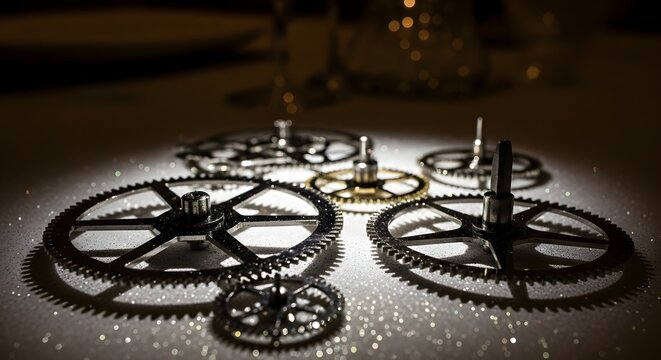 Golden metallic gears working together smoothly.