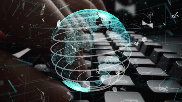 Futuristic image showcasing a virtual globe surrounded by digital data and technology graphics over a computer keyboard, highlighting global connectivity and information dynamics. Xenic