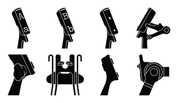 Black and white typewriter typebar slug icons set for mechanical printing