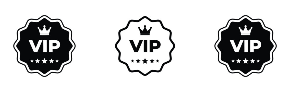 vip badge premium membership icon set. VIP Icon with Crown Symbol on Silver Badge, Exclusive Membership Sign. VIP text with star icon simple outline vector sign, premium membership label.