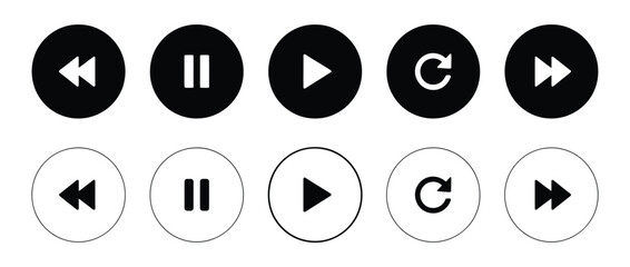 Set of play and pause icon in black circle shapes with outline, isolated on a transparent background. Media player control icons in black, white, for play, pause, stop, and navigation. © muni