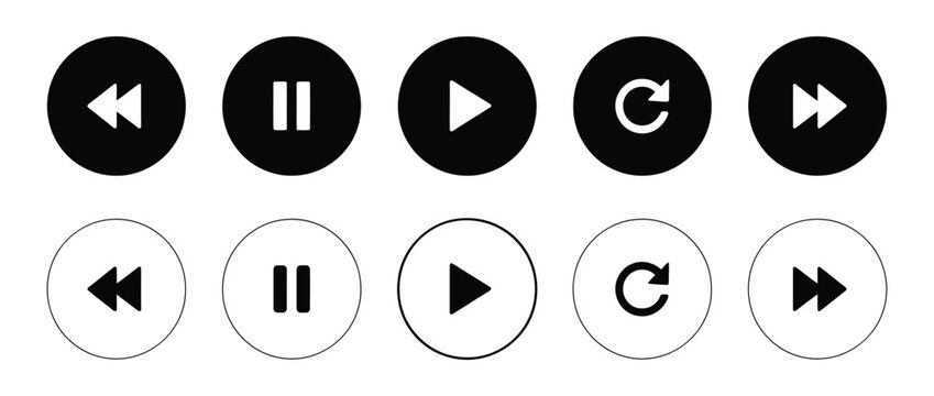 Set of play and pause icon in black circle shapes with outline, isolated on a transparent background. Media player control icons in black, white, for play, pause, stop, and navigation.