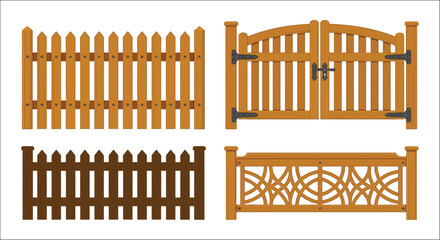 Fototapeta premium Wooden fence and gate set vector illustration on a white background picket garden yard farm outdoor structure barrier property line security digital flat design isolated