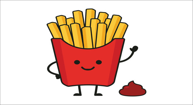 Cartoon french fries in a red container with a smiling face and accompanying brown pile fried potatoes chips fry potato sticks vector illustration flat design