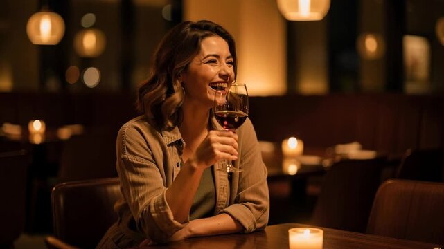 Happy young woman enjoying red wine in cozy dimly lit restaurant with warm ambient lighting
