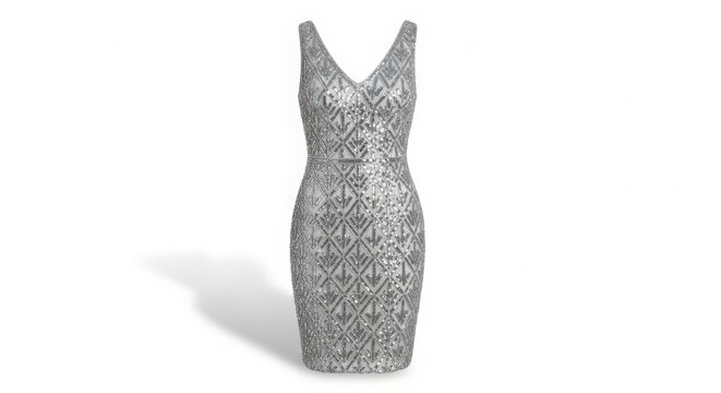 Sleeveless silver sequin party mini dress isolated on white background with clothing cocktail sleeveless nightlife metallic feminine dazzling silhouette glamorous reflective