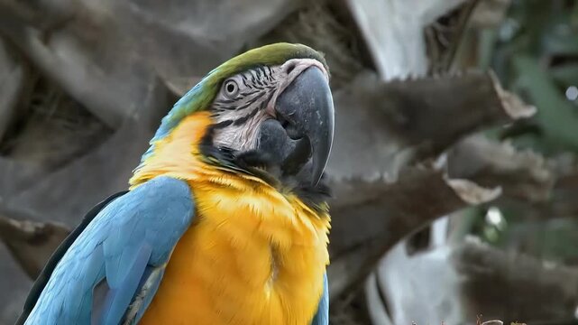 Close-up of a vibrant blue and yellow macaw parrot in natural habitat