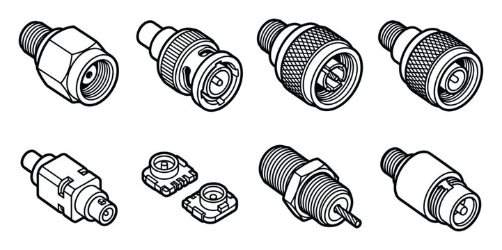 Bold outlined collection of coaxial RF connectors and electrical adapters