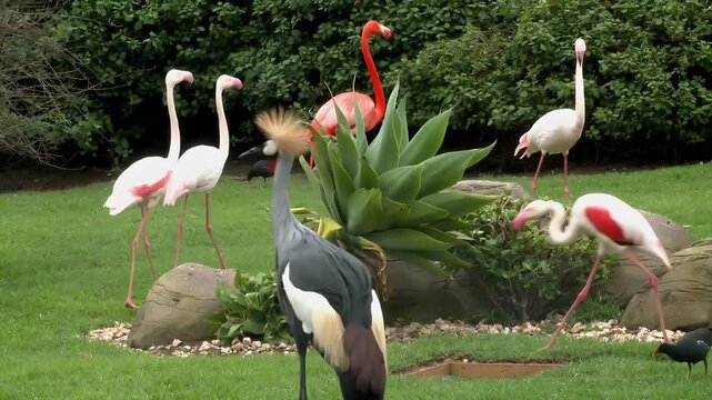 Flamingos and crowned cranes interacting in a grassy aviary with lush greenery