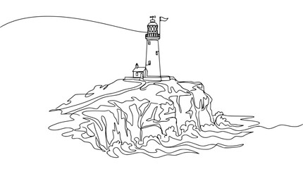 Obraz premium Continuous line drawing of a lighthouse on a rocky island with waves