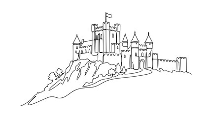 Hand-drawn castle illustration on a hill, single line art, medieval fortress sketch © Azizi