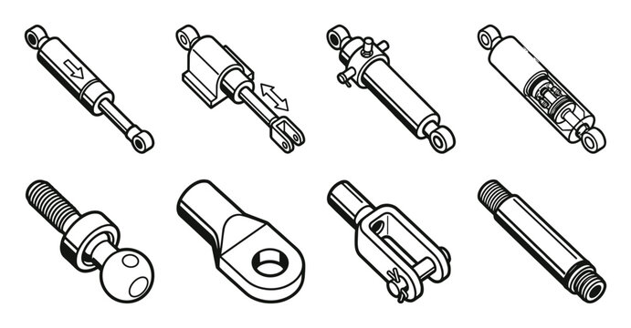Bold outlined hydraulic cylinders and shock absorbers components