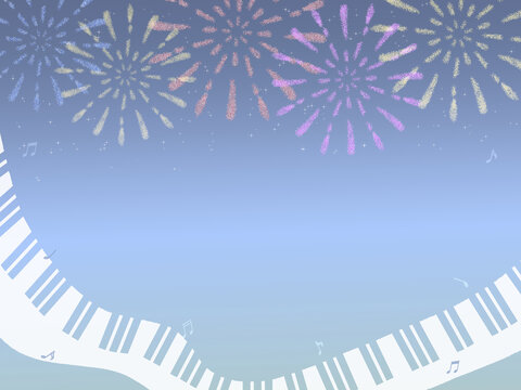 夜空の打ち上げ花火と鍵盤の背景素材