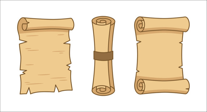 Rolled parchment scrolls cartoon illustration on a white background ancient document aged paper antique scroll cartographic map charter communication cream colored curled edge decorative element