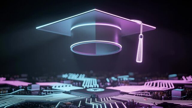 Futuristic digital graduation cap over glowing circuit board symbolizing technology education and innovation