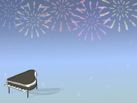 夜空の打ち上げ花火とピアノの背景素材