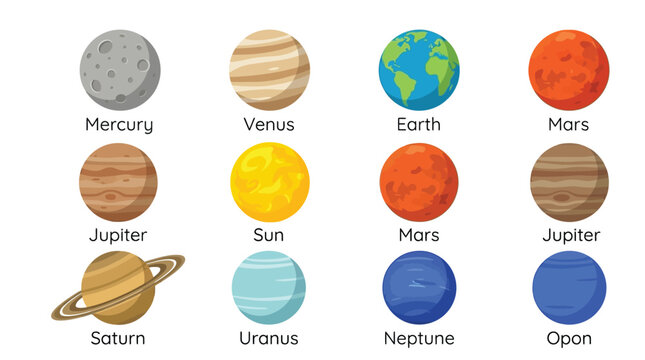 Colorful flat vector illustration showing a collection of various planets and the sun for educational purposes