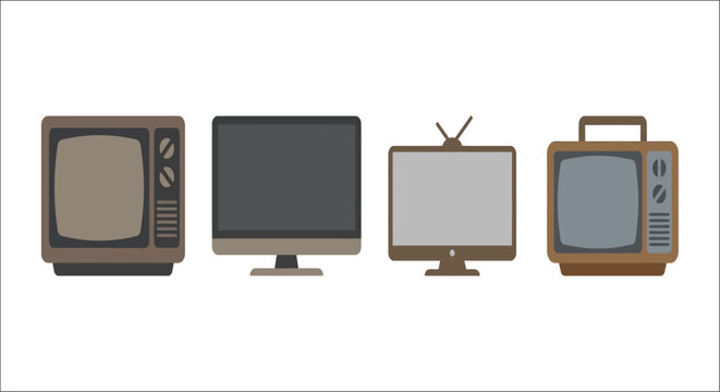 Four television sets flat vector illustration on a white background tvs telecommunication broadcast screen display cathode ray tube crt flat screen digital analog vintage retro graphic design