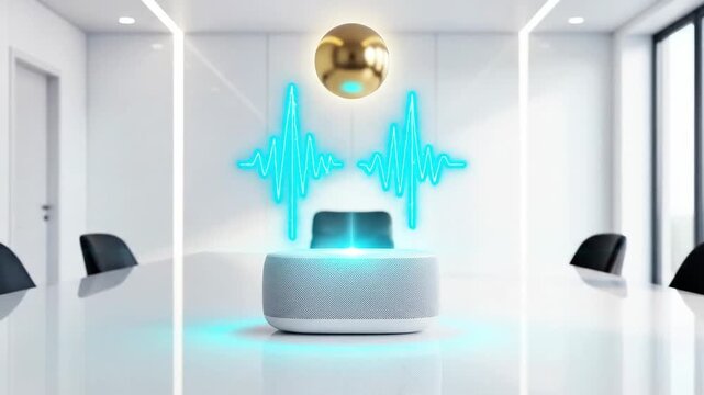 A futuristic reception desk with a glowing blue waveform design on the wall