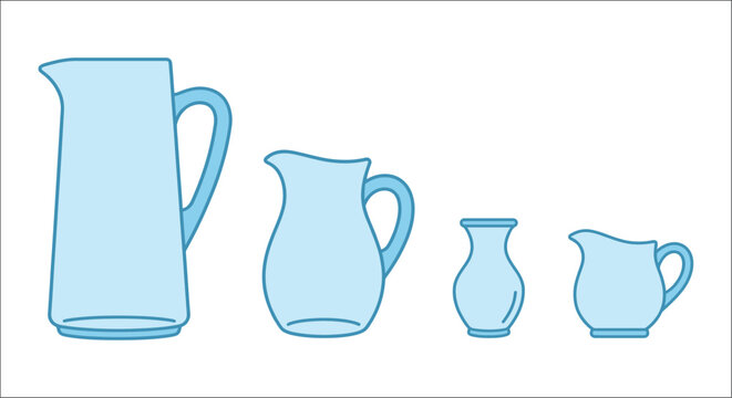 Assorted ceramic pitchers in light blue a vector illustration on a white background pitcher jug carafe ewer vessel container stoneware porcelain sky graphic artwork isolated