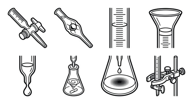 Chemistry laboratory titration burette icons and glassware set