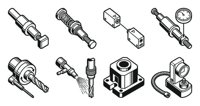 CNC Machining Tool Setter Icons with Measurement Devices and Industrial Components