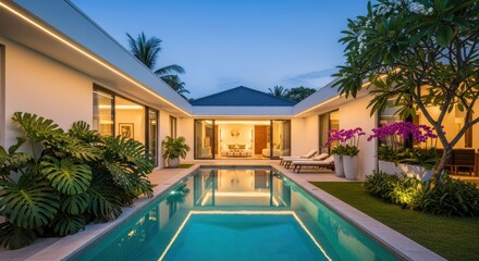 Fototapeta premium Luxury Modern Courtyard Pool Villa with Warm Ambient Lighting at Twilight
