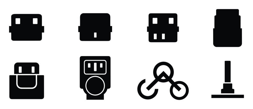 Collection of black and white electronic ports power outlets and tech icons.