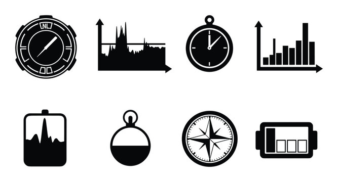Collection of black icons for data, time, and navigation tools