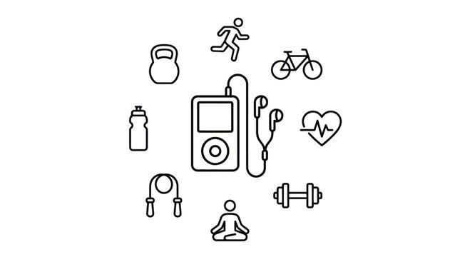 Fitness tracker and workout activity line icons