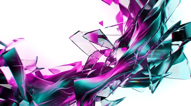 Abstract shattered glass shards in vibrant magenta and teal tones